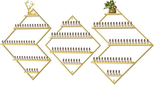 EBANKU Metal Wall Mounted Nail Polish Storage Racks, Gold Display Rack Cosmetic Display Case Lipstick Wall Shelf Essential Oil Organizer for Nail Polish Bottles Spa Nail Salon (Irregular Rhomboid)