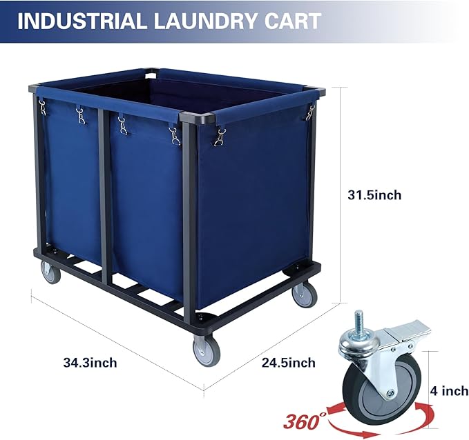 Commercial Laundry Cart with Wheels,600 lbs Industrial Laundry Cart with Steel Frame and Oxford Cloth Bag,Rolling Heavy Duty Laundry Cart with Wheels for Hotel,Housekeeping,400L(Blue)