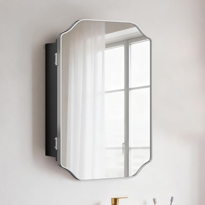 SogesHome Recessed Bathroom Mirror Medicine Cabinet with Storage, 15.7 x 23.6 Inch Wall Mounted Modern Octagon Vanity Organizer with Shelves, Space-Saving Elegant Bathroom Storage, Silver