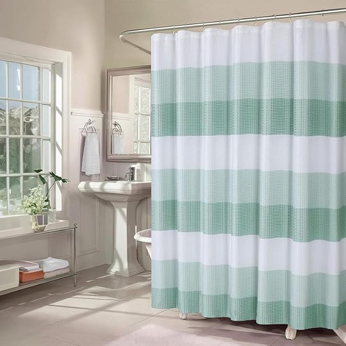 Dainty Home Ombre Waffle Shower Curtain with 12 Roller Ball Hooks - Spa Green 70" x 72" - Water Resistant Polyester Blend, Washable Shower Curtain - Perfect for Stylish Bathrooms