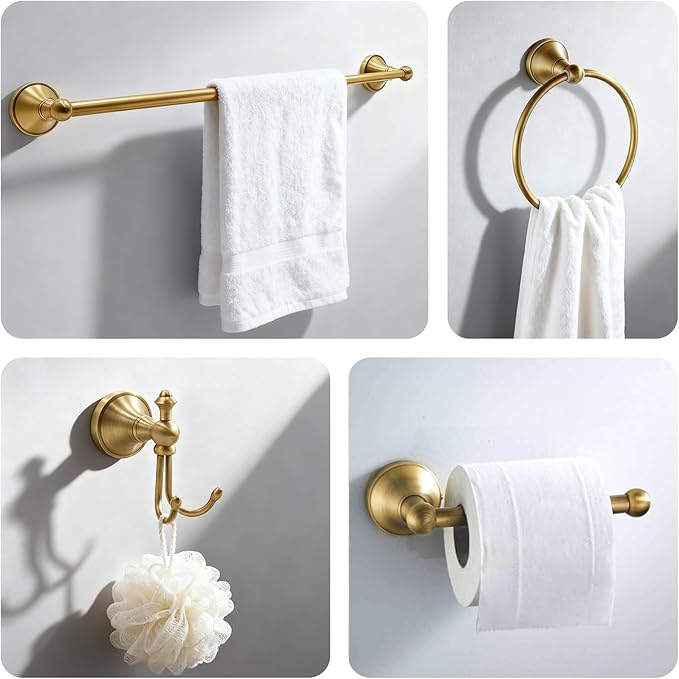 4 Piece Antique Brass Gold Bathroom Towel Bar Set - Toocust 16"-27.7" Adjustable Towel Bar for Bathroom, Wall Mounted Antique Brass Bathroom Hardware, Brushed Brass Towel Holder