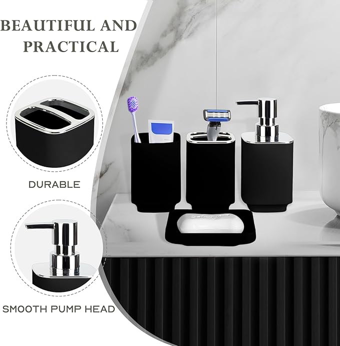 4 Piece Bathroom Accessories Set, Black Boho Bathroom Decor, Bathroom Sets Complete, Soap Dispenser, Toothbrush Holder, Mousewash Cup and Soap Dish, Bathroom Sink Set for Modern Home Decor
