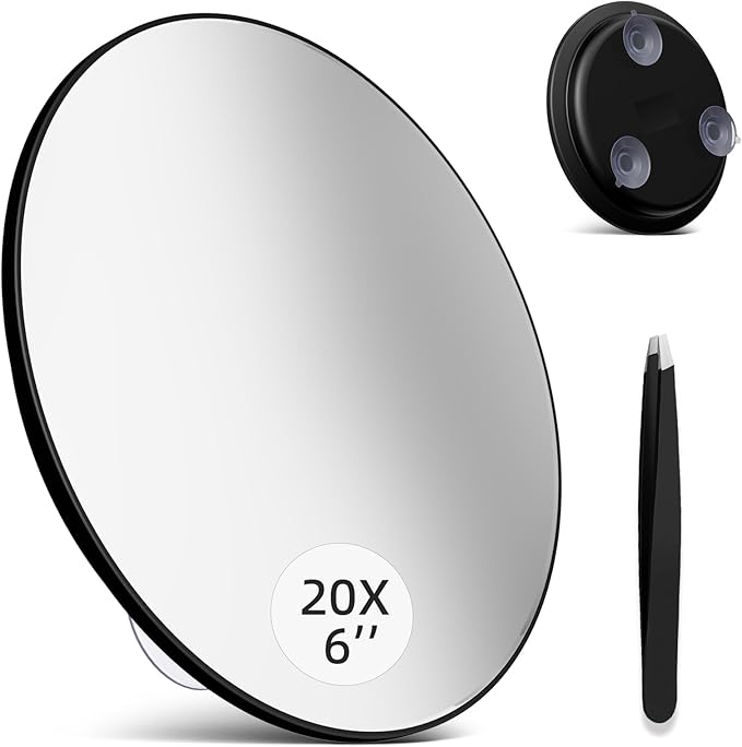 Large 6" 20X Magnifying Mirror with Tweezers, Travel Magnified Mirror 20x with Suction Cups, High Magnification Mirrors 20 x for Detailed Make up