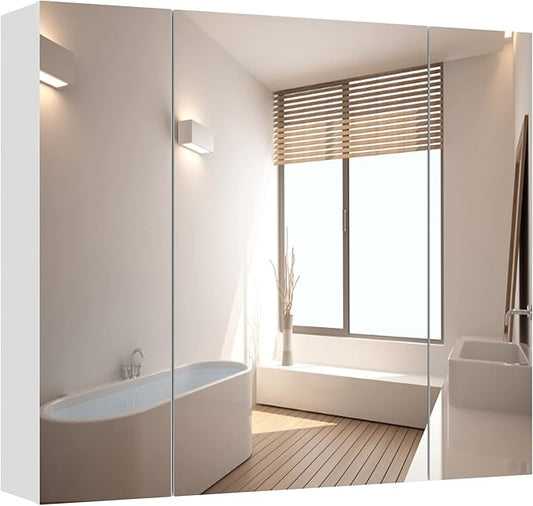 DICTAC Medicine Cabinet with Mirror & Storage - 27.6x23.6in Wall Mounted Cabinet with 3 Doors & Adjustable Shelves for Bathroom, Living Room, Kitchen - White