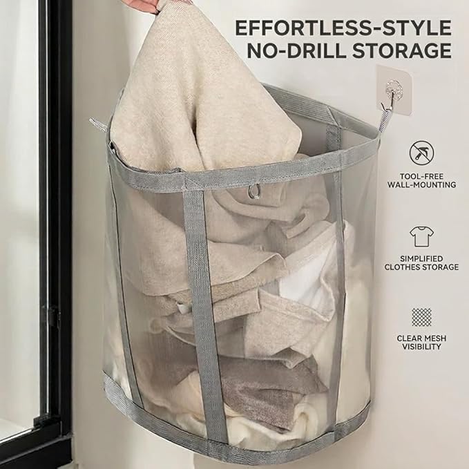 [2-Pack] Wall-Mounted Foldable Laundry Basket, 41L Collapsible Mesh Hamper (Each) with Reinforced Handles, Hanging Storage Bag for Bathroom, Dorm, Travel & Sports, Space-Saving Grey