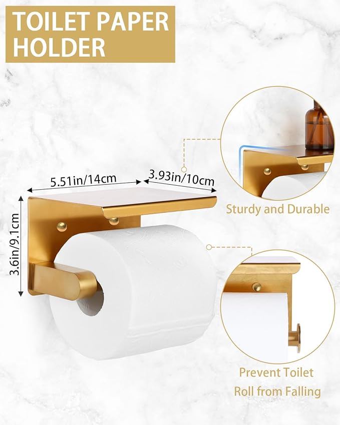 5 Pieces Gold Bathroom Accessories Set - 25.6 inch Towel Bar, Toilet Paper Holder, Towel Rack and Coat Hook, SUS304 Stainless Steel Bathroom Hardware Set, Wall Mounted Bathroom Decor and Accessories