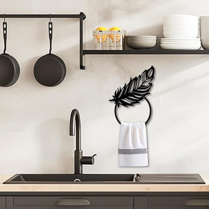 MAYJOYDIY Feather Metal Towel Ring Large Fantasy Feather Towel Holder for Wall Animal Feather Wall Decor Towel Hanger Black Art Towel Rack Wall Mounted for Bathroom Kitchen Home Decors Gift