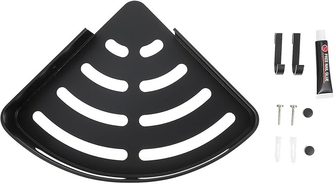 Hemobllo Nail-Free Wall-Mounted Triangle Storage Rack with Hooks, Space Aluminum Bathroom Shelf, Black Matte Finish, Suitable for Kitchen and Household Organization