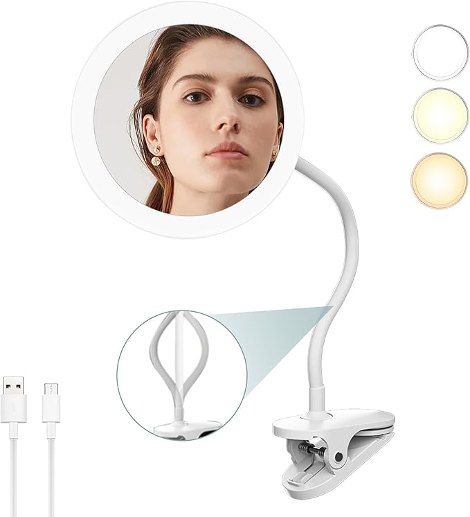 6.5" Clip-On Magnifying Vanity Mirror - 5X Magnification, USB Rechargeable, Lighted, Travel-Friendly (White)