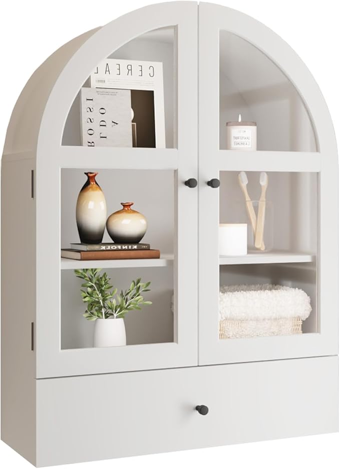 BOSHIRO Arched Bathroom Wall Cabinet with Drawer Over The Toilet Storage Cabinet, Medicine Cabinet with Glass Door for Living Room, Kitchen（White）
