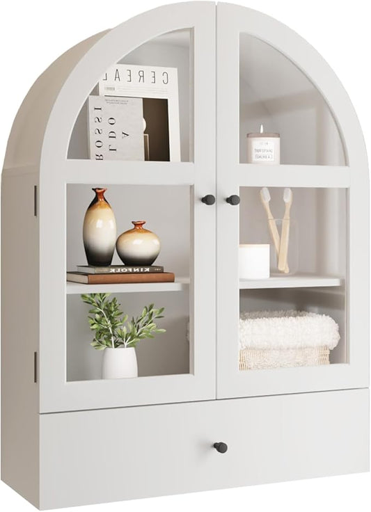 BOSHIRO Arched Bathroom Wall Cabinet with Drawer Over The Toilet Storage Cabinet, Medicine Cabinet with Glass Door for Living Room, Kitchen（White）