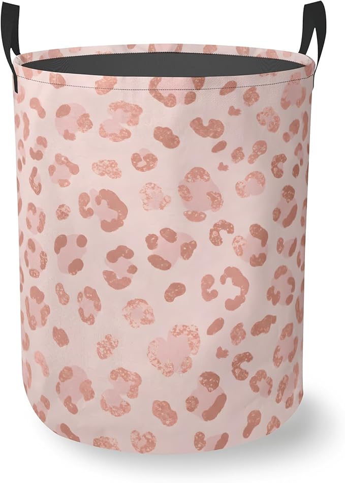 Pink Leopard Print Round Laundry Basket Collapsible Laundry Hamper with Handles Toys Clothes Organizer Bin For Home Bathroom Bedroom Dorm Nursery