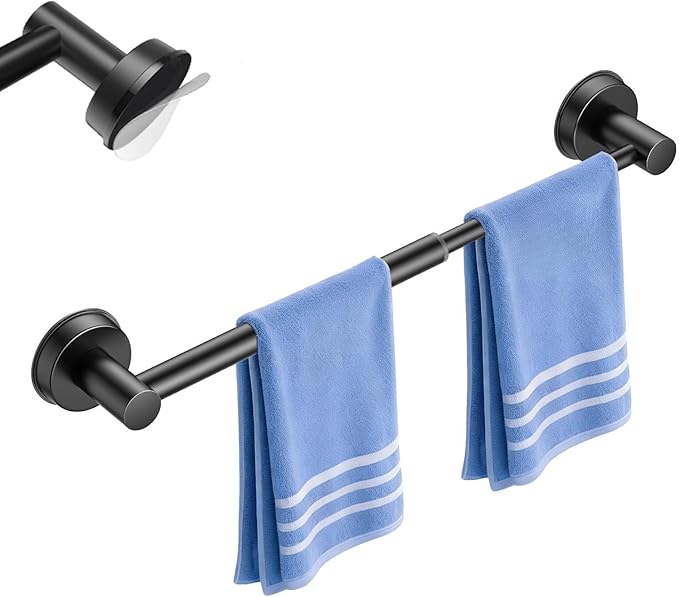 Adjustable Suction Cup Towel Bar for Bathroom Wall,14.6Inch~24 Inch Towel Racks for Bathroom, SUS304 Stainless Steel Bathroom Towel Holder,Bathroom Accessories Brushed Nickel Towel Rack (Black)