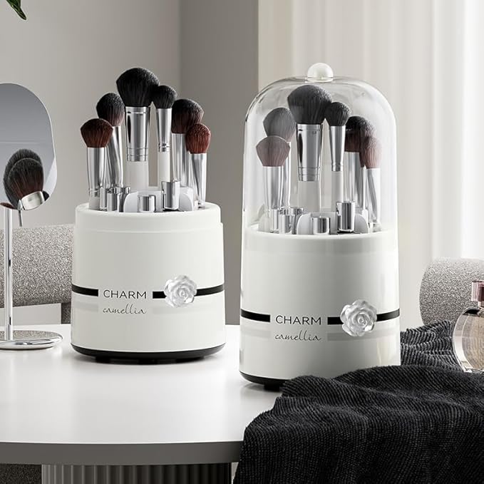 Makeup Brush Holder with Lid Rotating Organizer for Vanity Dustproof Make Up Brushes Organizer Cosmetics Storage for Bathroom Countertop Desktop