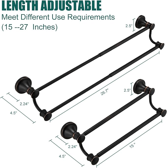 Hoimpro Adjustable Retractable 15-27 Inches Stainless Steel Bathroom Towel Bar, Bathroom Accessories Bath Hotel Double Towel Bar Rod Hanger Wall Mounted Towel Holder Towel Rack, Oil Rubbed Bronze
