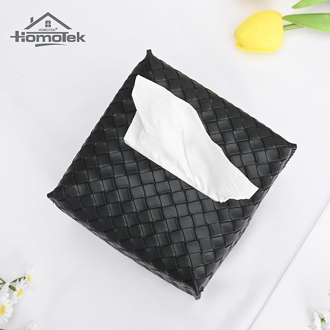 HOMOTEK 2 Pack Tissue Box Cover, Square PU Leather Tissue Holder, Decorative Facial Tissue Cube Paper Organizer Dispenser for Bathroom, Night Stands, Desk, Car 5X5X5'' - Woven Waffle,Dark Black