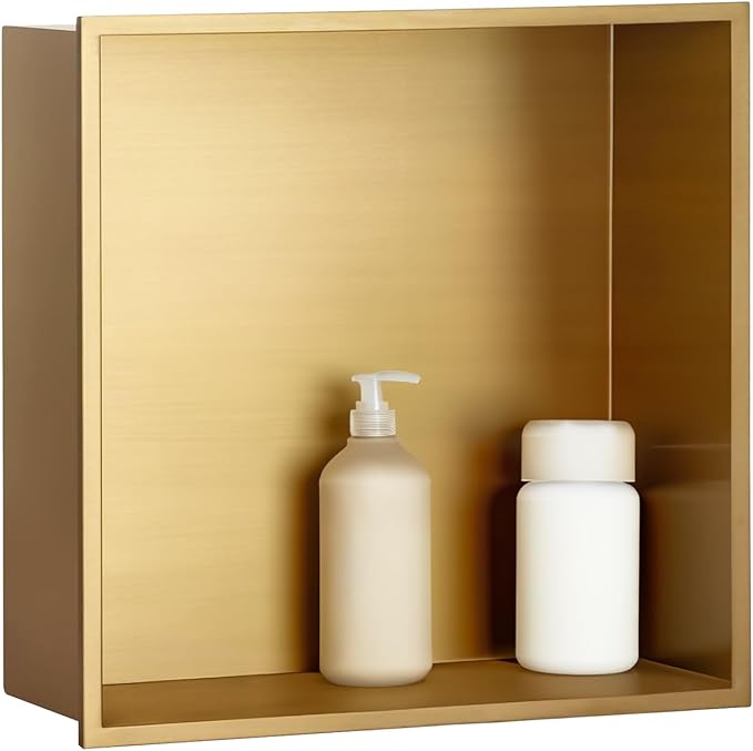 SaniteModar Shower Niche, Stainless Steel Shower Niche No Tile Needed, Recessed for Bathroom Storage (Brushed Gold, 12x12)