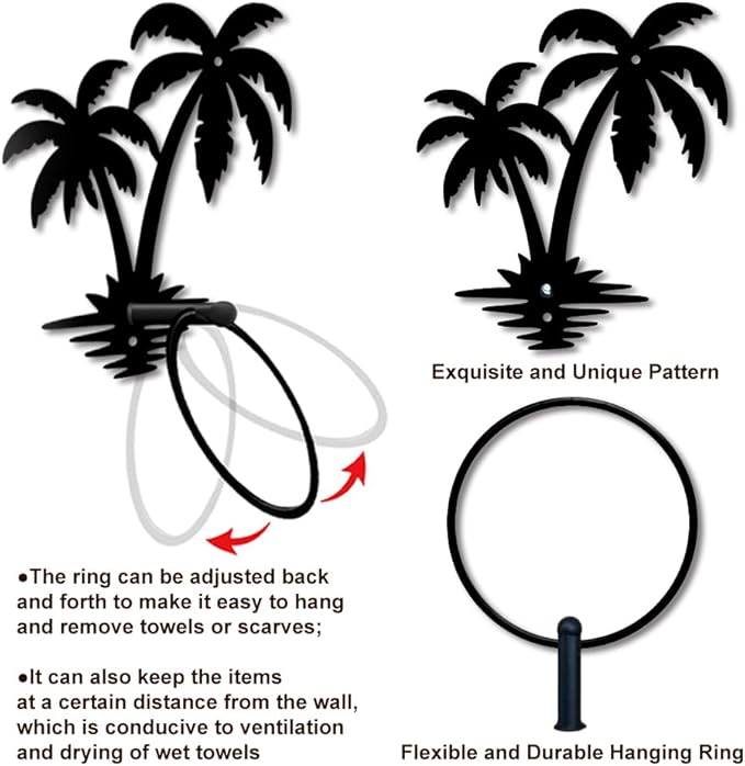 MAYJOYDIY Palm Tree Metal Towel Ring Summer Beach Trees Towel for Wall Holder Black Art Towel Rack Wall Mounted Wall Decor Towel Hanger for Bathroom Kitchen Home Decors Gift