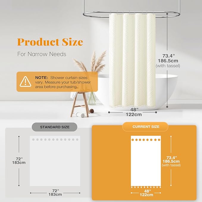 BTTN Boho Stall Shower Curtain - 48x72 Narrow Farmhouse Tufted Leaves Textured Striped Fabric Shower Curtain Set with 8 Hook, Half Rustic Modern Country Cloth Shower Curtains for Bathroom, Cream/Beige