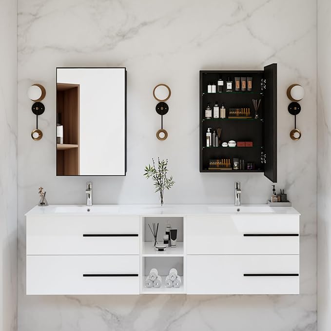 Medicine Cabinet Mirror, 20x30 Inch Rectangle Wall Mounted Bathroom Vanity Mirror with Storage & Adjustable Tempered Glass Shelves Medicine Cabinet for Bathroom, Black