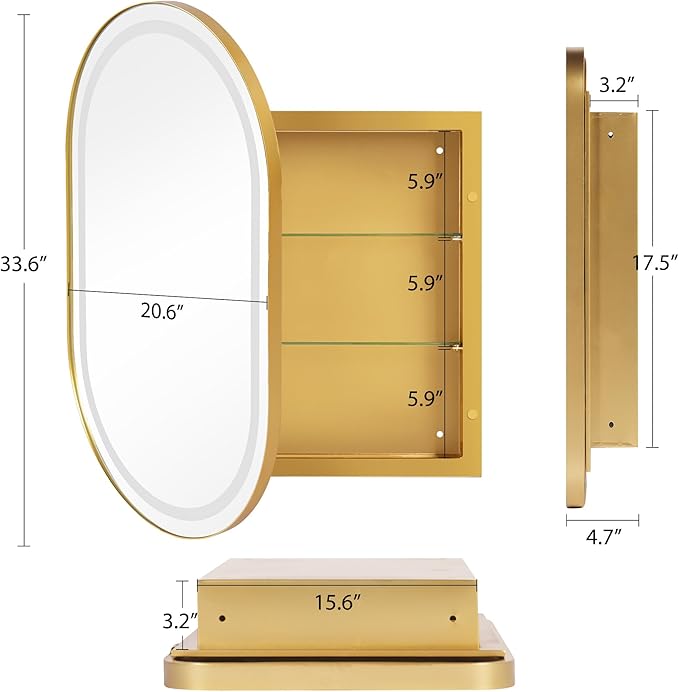 SogesHome Wall Mounted Mirror Medicine Cabinet 33"X20" with LED Lights, Oval Vanity Mirror Storage with Shelves, Modern Decro Recessed Mirror Medicine Cabinet for Bathroom, Bedroom, Gold
