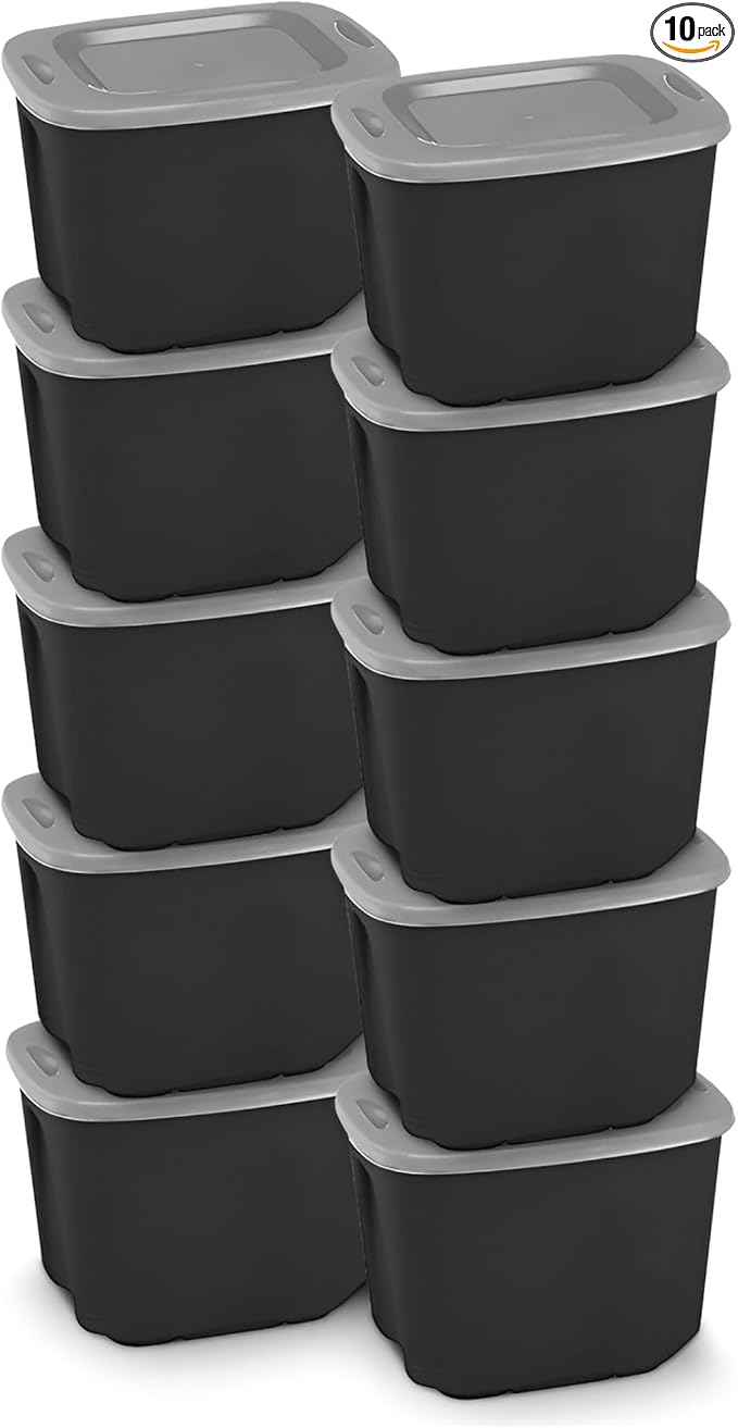 HOMZ 10-Pack Durable Molded Bin, Plastic Storage Containers w/Lids, 10 Gallon, Black/Gray - Stackable Organizer Totes and Boxes for Bedroom, Kitchen, and Garage Organization