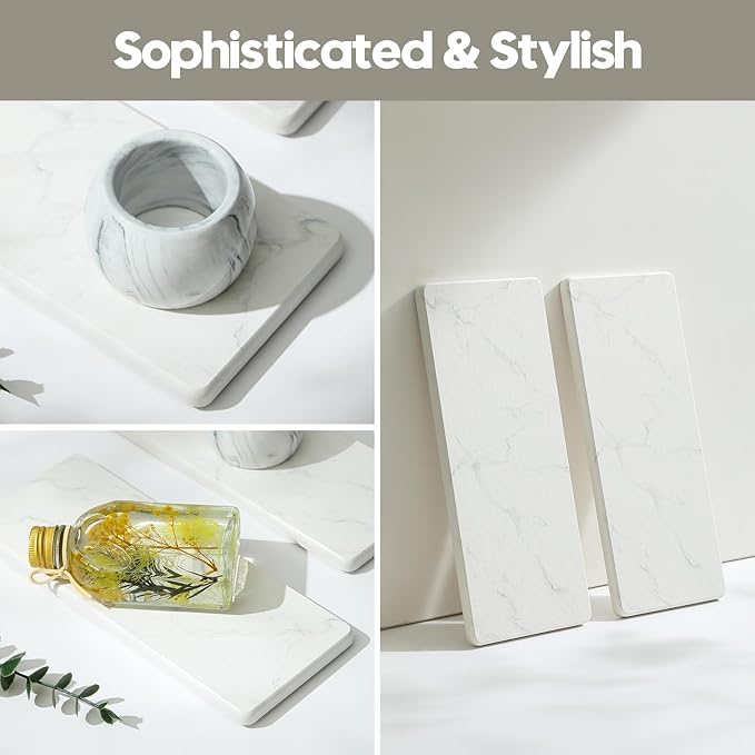 2PCS Water Absorbing Stone Drying Tray for Kitchen Counter, Diatomite Mat Vanity Caddy for Bathroom Sink, Faucet Splash Guard,Soap Dispenser Rack Sponge Holder Organizer, Marble White, 9"x3.5"