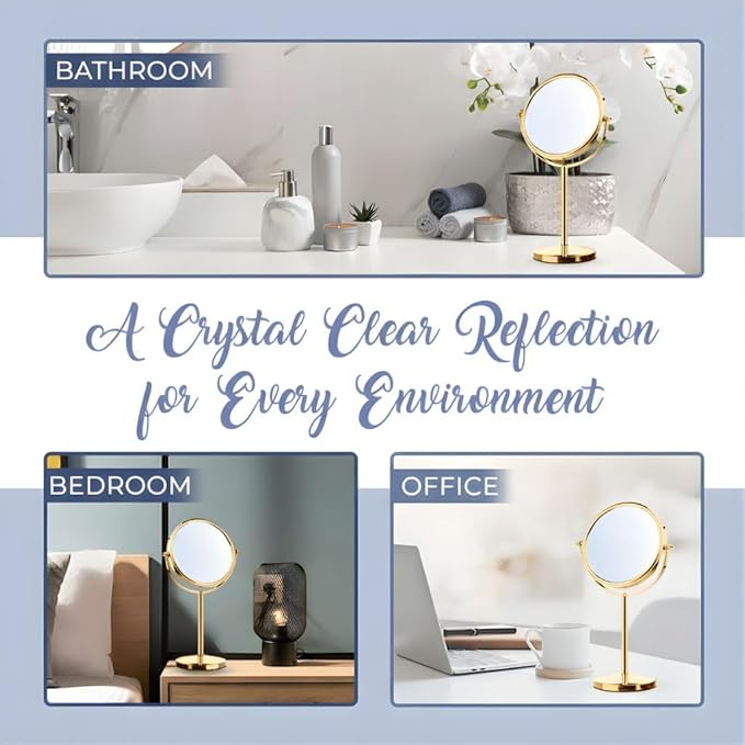MIRRORVANA 10X Magnifying Makeup Mirror on Round Stand for Tabletop, Bedroom Vanity Desk and Bathroom Counter - Free Standing Double Sided 10X/1X Magnification Mirror - 7" Wide and 14" Tall (Gold)