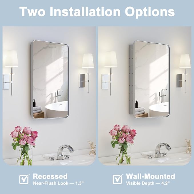 16x24 Inch Medicine Cabinet with Mirror for Bathroom, Silver Aluminum Bathroom Medicine Cabinet, Recessed or Wall Mount Medicine Chest Over Sink, Modern Farmhouse Style, Fully Assembled