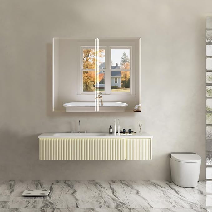 Medicine Cabinet with Mirror, 32x26 Inch Bathroom Mirrored Cabinet with Double Doors, Extra Storage Space, Bevel Mirror Wall Cabinet, Recessed or Surface Mount