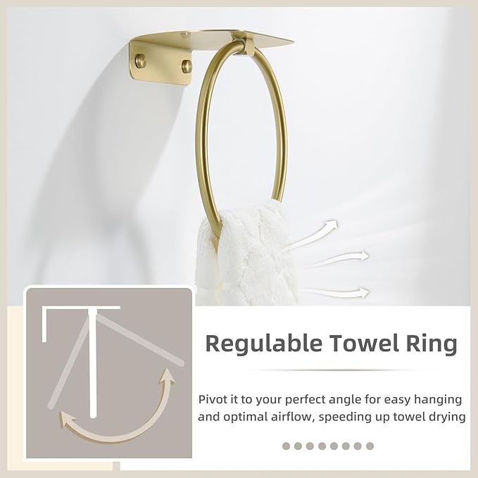 APLusee Brushed Gold Towel Ring with Shelf, 304 Stainless Steel Wall Mounted Hand Towel Holder for Bathroom, Space-Saving Design