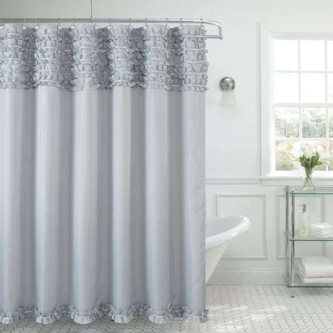 BH Home & Linen Beverly Hills Ruffle Premium Quality Fabric Shower Curtain 70" x 72 Made with 100% Polyester. (Silver)