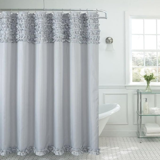 BH Home & Linen Beverly Hills Ruffle Premium Quality Fabric Shower Curtain 70" x 72 Made with 100% Polyester. (Silver)