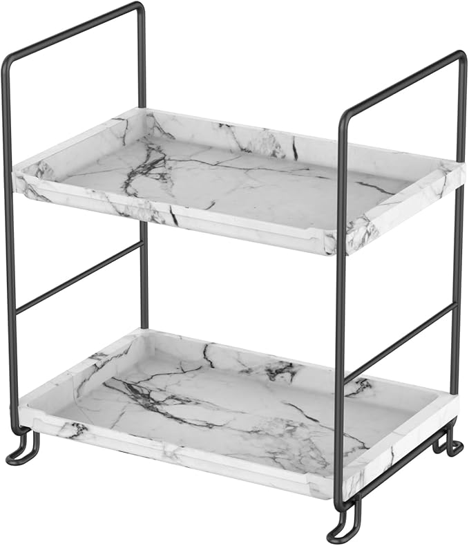 Kitchen Organizer,Small Spice Rack,Bathroom Organizer, Countertop Makeup Shelf Cosmetics Storage Display Rack Vanity Shelf,PP Imitation Marble Design,Tool-Less Install.(Black,2-Tier)
