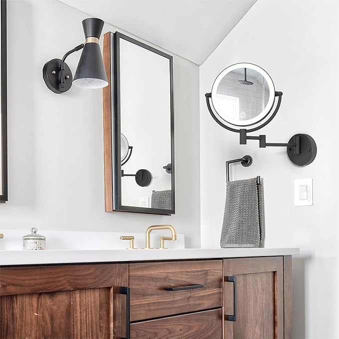 Brass Lighted Wall Mounted Mirror Magnifying 1×10×, 8-Inch Rechargeable Double Sided, Touch Dimmable Extended Arm 360 Rotation Cosmetic Mirror for Bathroom, Matt Black