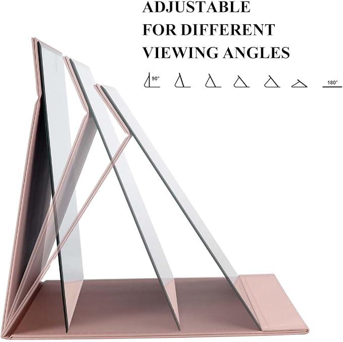 ZBEIVAN 12x9 Inches Portable Folding Makeup Mirror, Frameless PU Leather Desk Mirror with Stand for Camping Travel Tabletop Personal, Pink