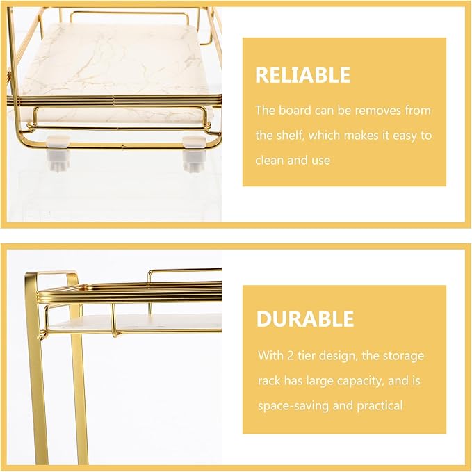 Toyvian 2-Tier Bathroom Counter Organizer Shelf, Marble Texture Alloy Frame with Anti-Slip Feet, Cosmetic Rack and Corner Storage Shelf for Bathroom and Vanity Storage