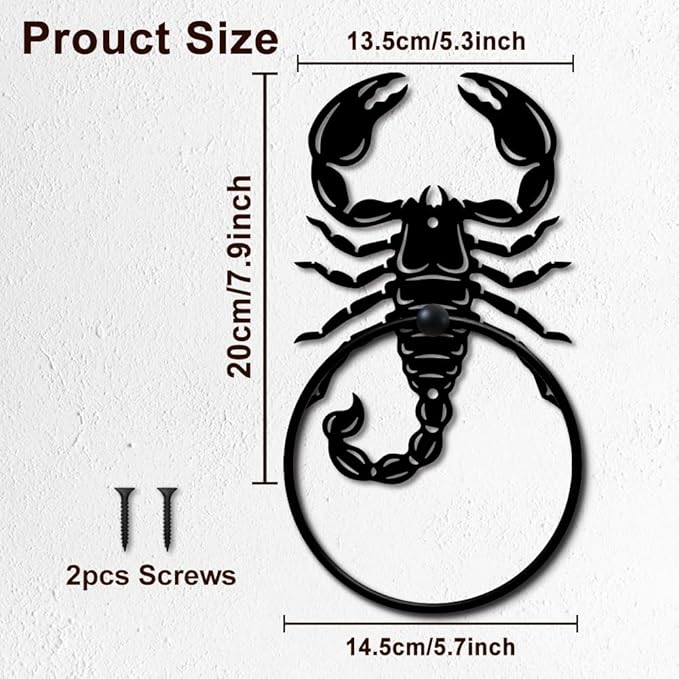 MAYJOYDIY Scorpion Metal Towel Ring Round Reptile Hand Towel Holder Ring Hanger Wall Mount Black Vintage Towels Wall Organizer for Kitchen Bath Home Laundry Room Decors Gifts