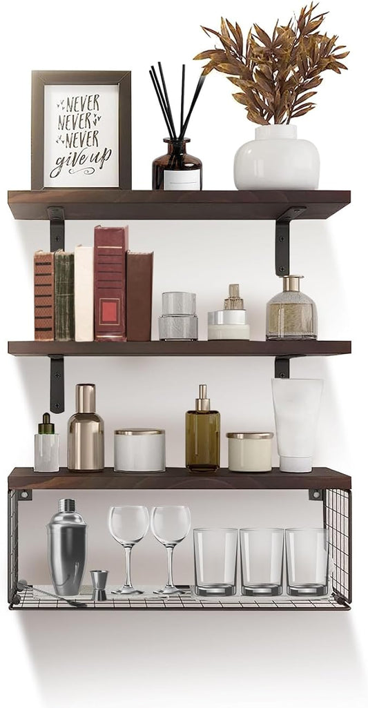 2 in 1 Floating Shelves with Storage Basket, Sturdy Paulownia Wood Wall Shelves for Bathroom Living Room