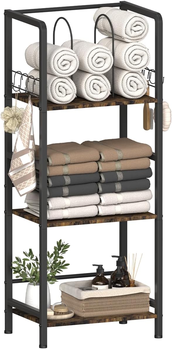 Mondazie Free Standing Towel Racks for Bathroom with U-Shaped Detachable Dividers, 3-Tier Floor Towels Holder Stand with Shelf & 8 S-Hooks, Metal Pool Towel Storage Organizer for Home, Poolside, Black