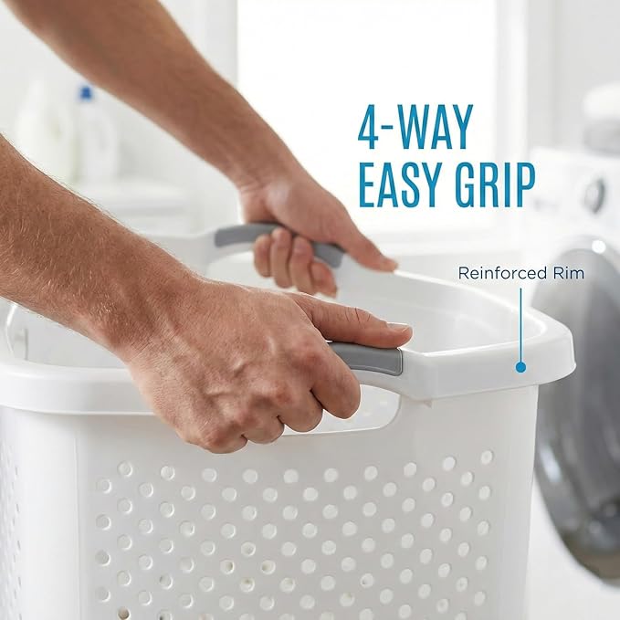 Extra Large 2.5 Bushel Plastic Laundry Hamper Basket - Tall Ventilated Clothes Bin with 4-Way Easy-Grip Handles, Heavy Duty Washing Storage for Bedroom, Bathroom, and Dorm Organization, White
