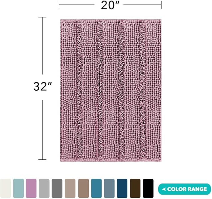 Turquoize Non Slip Shaggy Rugs - Mauve/Rose Bath Rugs for Tub Mats, Chenille Bath Rugs for Bathroom, Super Absorbent Shower Rug, 20"x 32"