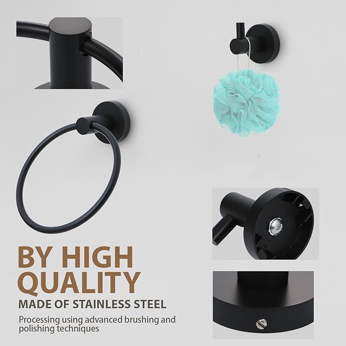 Bathroom Hardware Set 4 Piece – 24 Inch Towel Bar Set,Rustproof Stainless Steel Bathroom Accessories Kit with Towel Ring, Toilet Paper Holder & Robe Hook, Wall Mounted Bathroom Fixtures Set.