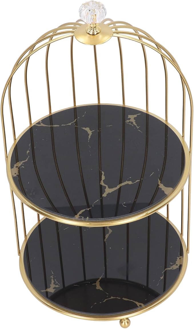 Double Layer Storage Shelf Bird Cage Organizer Display Rack for Bathroom Countertop Dressing Table Gold Frame (Black Base Gold Pattern)
