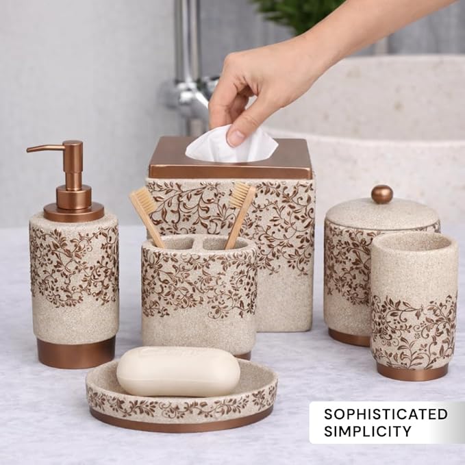Decozen Bathroom Accessories 6Pcs Set, Soap Dispenser, Toothbrush Holders, Tumbler, Soap Dish & Cotton Swab Jar – Modern Bathroom Decor, Modern Farmhouse Decor, Countertop Accessories, Beige