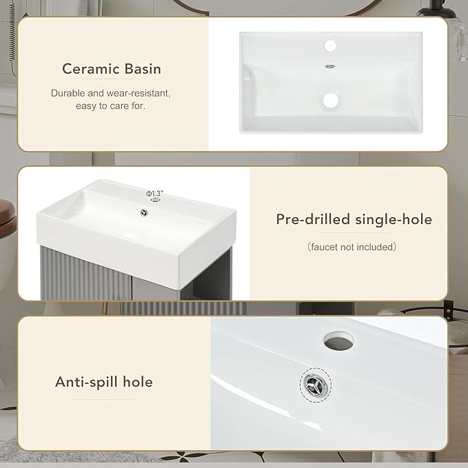 Virubi 21.6 in Floating Bathroom Vanity with Sink,Soft Closing Doors,Solid Wood Frame & MDF Modern Single Small Bathroom Vanity Cabinet with Open Shelf,Wall Mounted (Grey,Right Shelves)