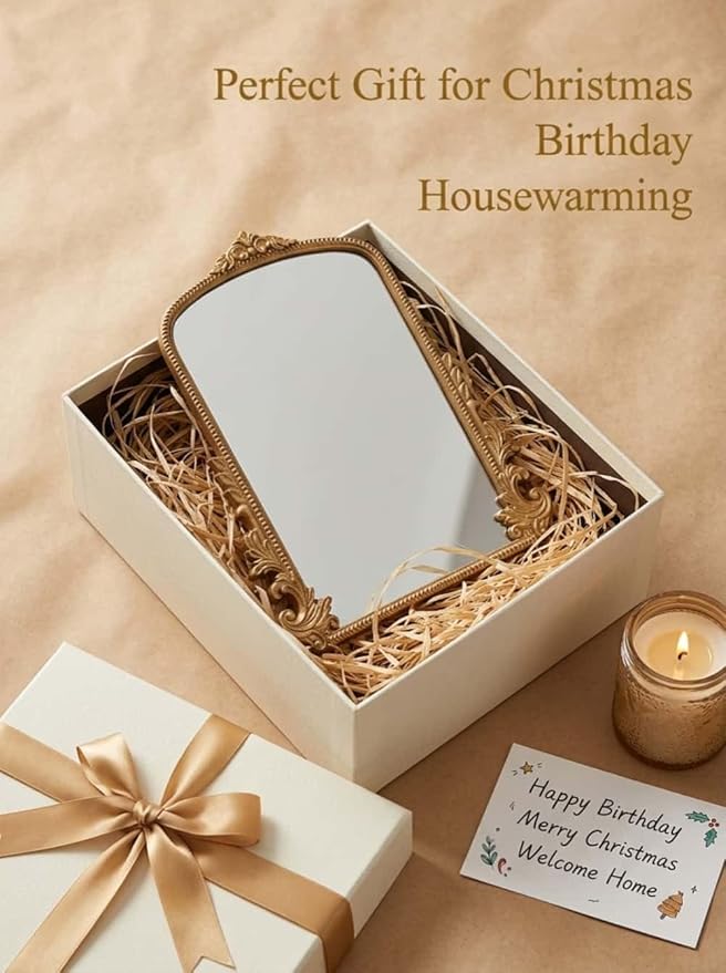 HSDDHOME 16x20 Inch Large Vintage Gold Table Mirror - Antique Wooden Frame Vanity Mirror with Foldable Stand for Makeup, Décor & Gifts