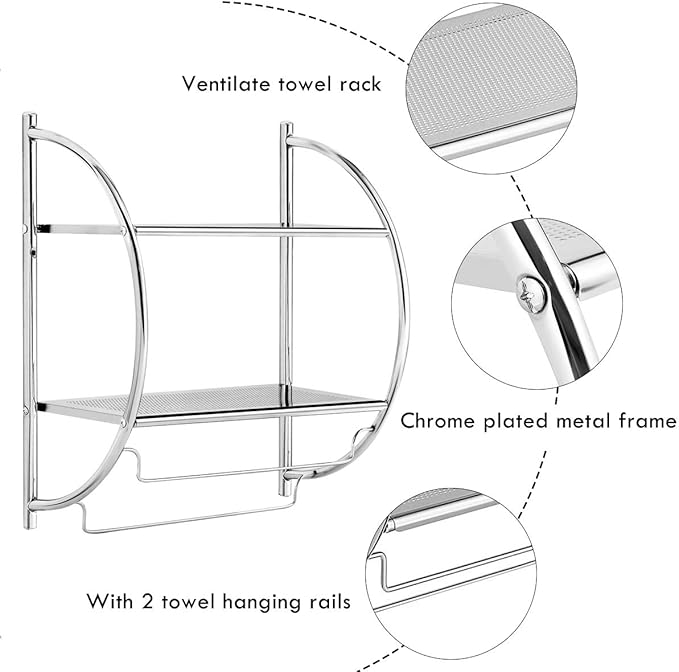 Tangkula Wall Mount 2 Tier Bathroom Shelf with Bars, 18" W X 10" D X 22" H, Home Toilet Double Layer Rustproof Chrome Shelf