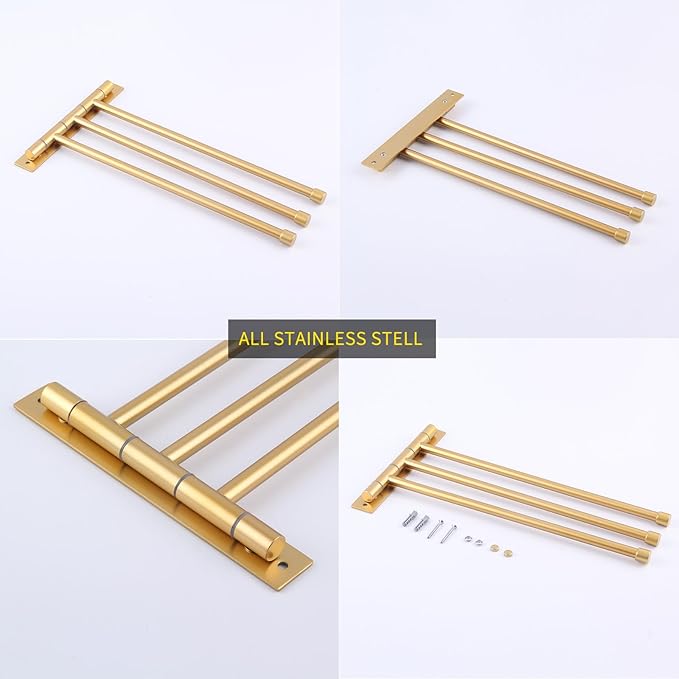 GERZWY SUS 304 Stainless Steel Bathroom Hand Towel Rack 3-Bar Folding Arm Swivel Hanger Bath Towel Holder Swing Out Towel Bar Wall Mount Gold Finished HYG03-BE