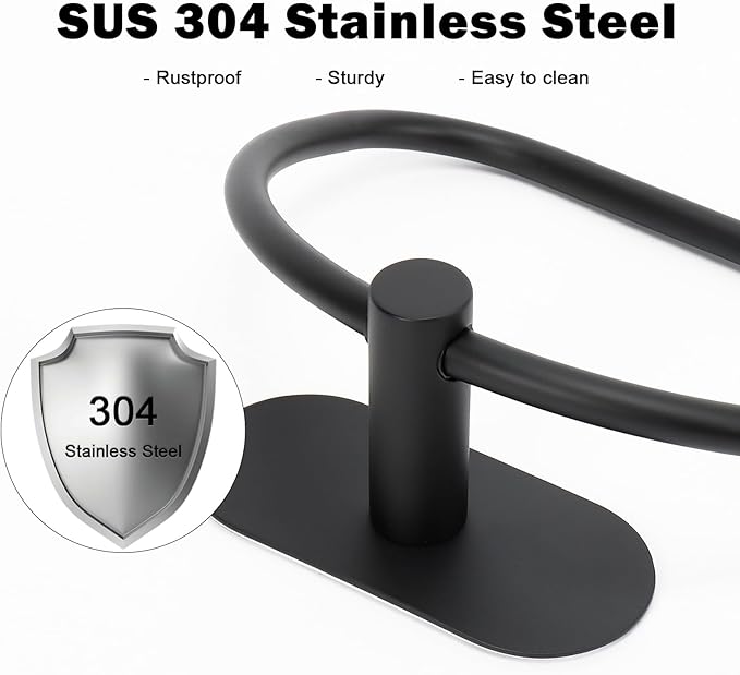 Livabber Towel Ring for Bathroom, 304 Stainless Steel Hand Towel Holder, Heavy Duty Towel Hanger for Bath, Kitchen, Hotel (4″ Self-Adhesive Base, Black)